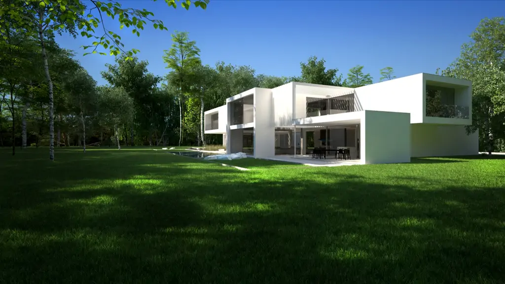 Wizualizacja patio i strefy wypoczynkowej widzianej z góry przez przeszklenie.