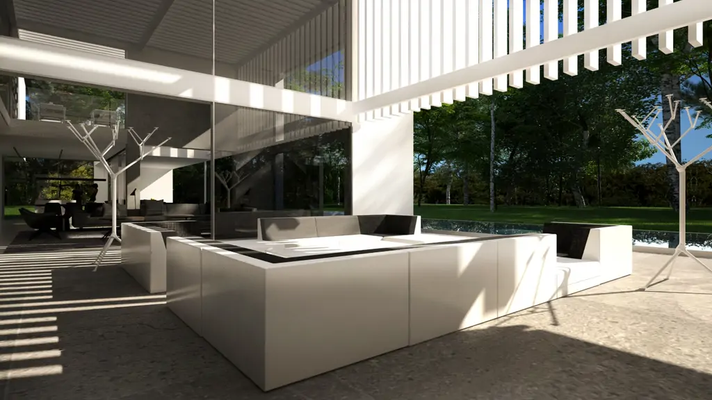 Wizualizacja nowoczesnej strefy lounge pod zadaszeniem przy basenie.