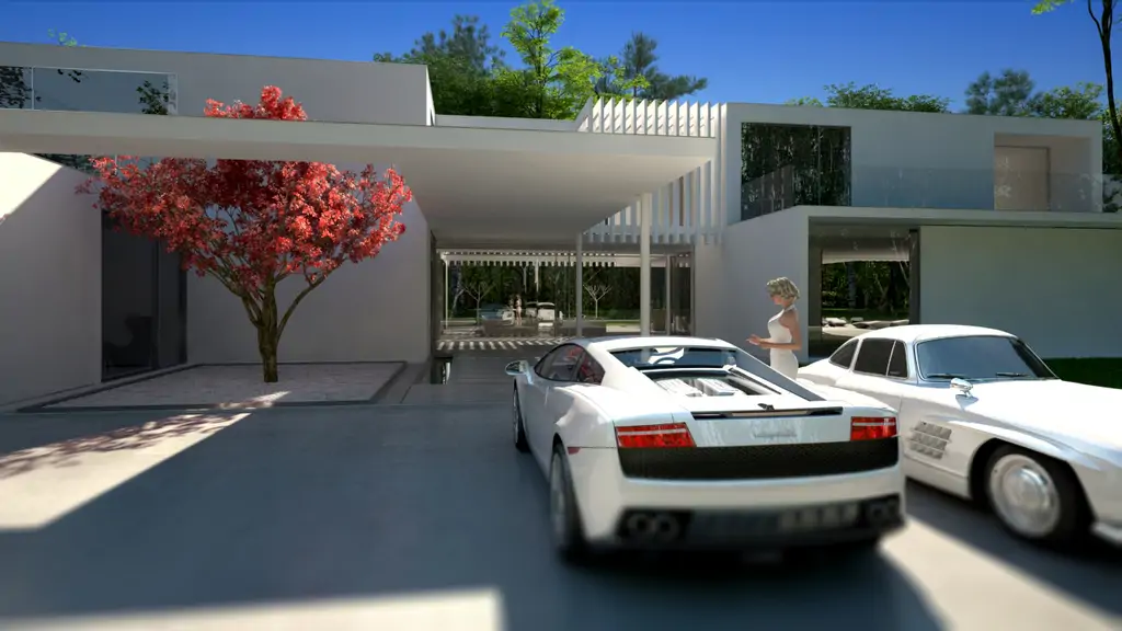 Wizualizacja frontowego podjazdu nowoczesnej willi z patio i dużymi przeszkleniami.