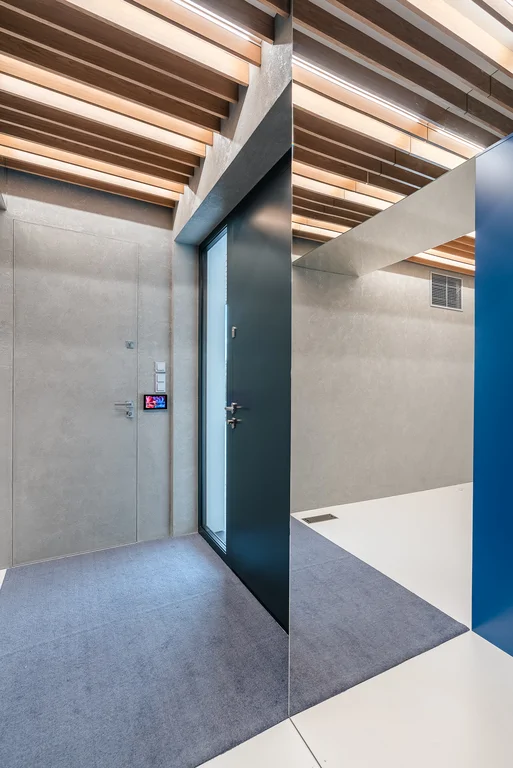 Hol wejściowy z betonową ścianą, lustrem i drewnianym sufitem z oświetleniem liniowym.