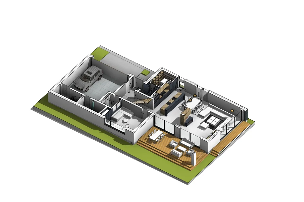 Wizualizacja 3D rzutu parteru nowoczesnego domu z garażem, salonem, kuchnią i tarasem.