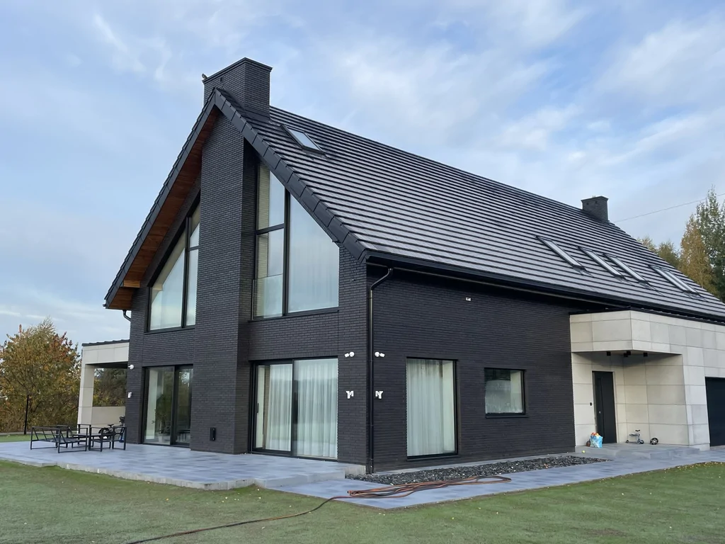 Elewacja boczna i wejście – dom w Ruścu, dach dwuspadowy, czarna cegła i jasne płyty