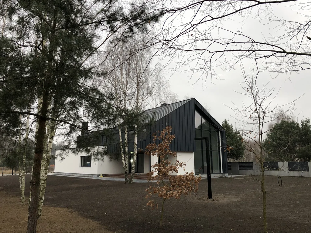 Nowoczesny dom jednorodzinny widoczny przez drzewa, szeroki widok na działkę