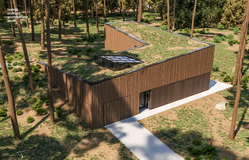 Wizualizacja domu z lotu ptaka, pokazująca zielony dach, drewnianą elewację, świetlik dachowy i wejście prowadzące przez leśną działkę.