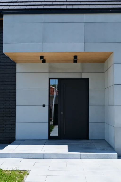 Wejście główne domu: drzwi w podcieniu, jasna okładzina płytowa i drewniana podbitka z oświetleniem.