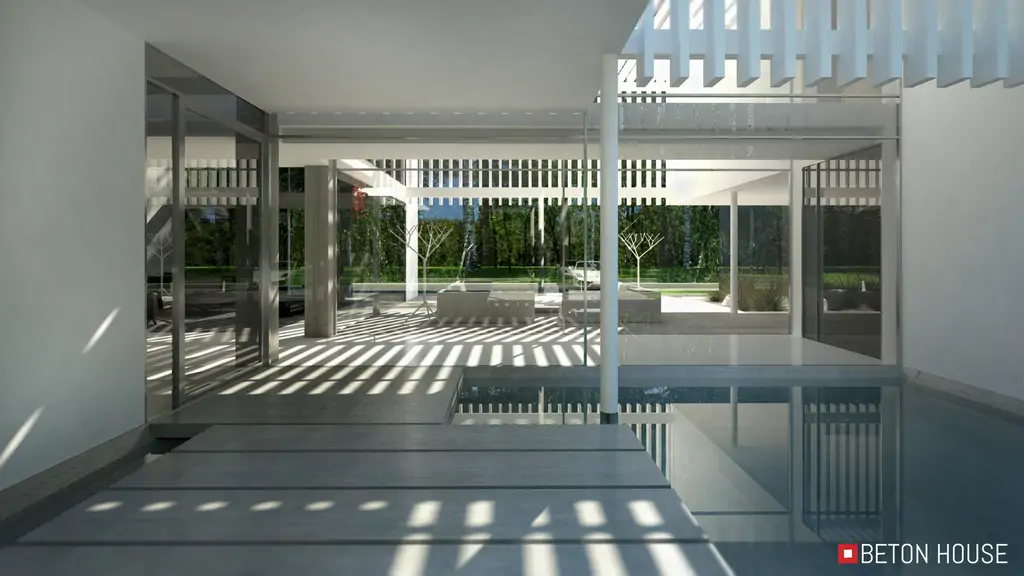 Wizualizacja przejścia nad wodą i wewnętrznego patio z dużymi przeszkleniami.