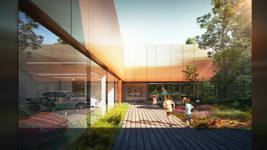 Wizualizacja słonecznego dziedzińca z drewnianym tarasem, zielenią i przeszklonymi elewacjami budynku