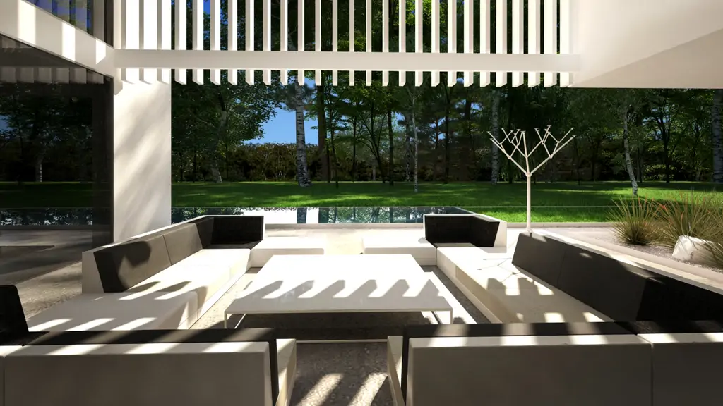 Wizualizacja zadaszonej strefy wypoczynkowej z widokiem na ogród i basen.