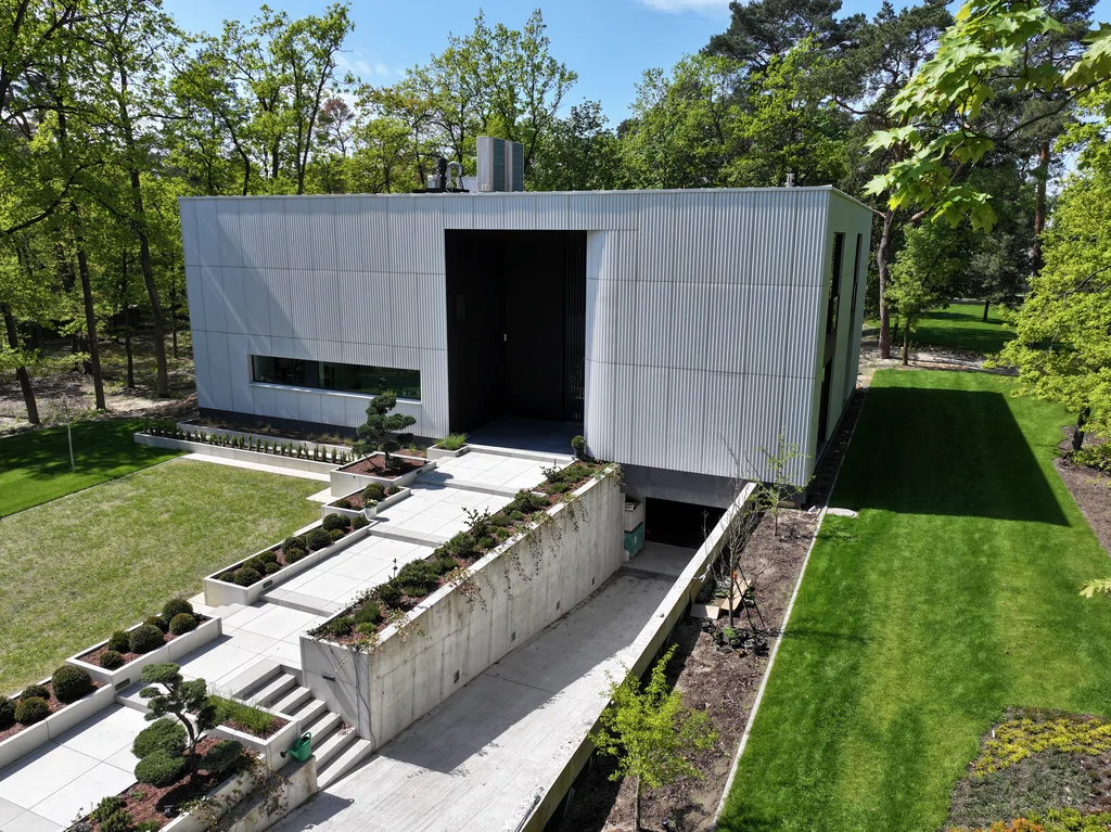 Przednia elewacja nowoczesnego domu z szerokim wejściem, betonowym zjazdem do garażu i minimalistyczną zielenią