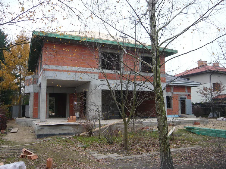 stan surowy: widok na bryłę domu od strony ogrodu, prace na tarasie, drzewo na pierwszym planie