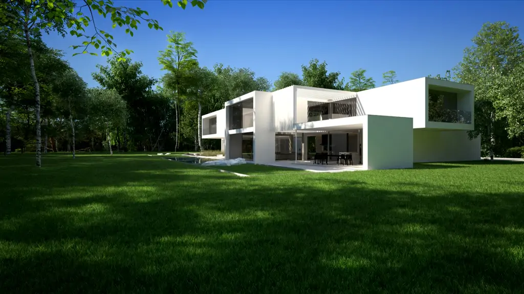 Wizualizacja boczno-ogrodowej elewacji nowoczesnej willi w otoczeniu zieleni.