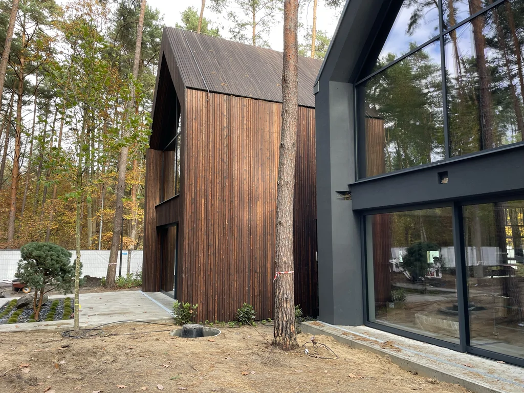 Boczny widok nowoczesnego domu jednorodzinnego z ciemną stolarką, drewnianą elewacją i wysokimi przeszkleniami