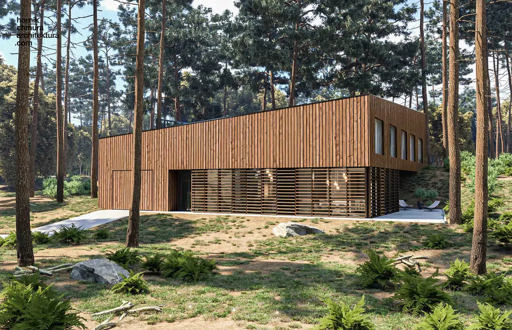 Wizualizacja domu z drewnianą elewacją oraz zewnętrznymi lamelami osłaniającymi przeszklenia, widok od strony ogrodu w leśnym otoczeniu.