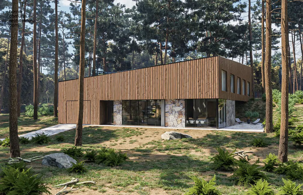 Wizualizacja nowoczesnego domu jednorodzinnego z drewnianą elewacją i kamiennym parterem, położonego wśród wysokich sosen.