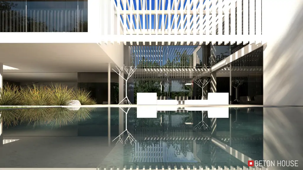 Wizualizacja patio z basenem, tarasem i otwartą strefą dzienną nowoczesnej willi.