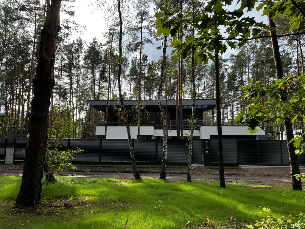 Dom za nowoczesnym ogrodzeniem lamelowym; widok z zewnątrz przez drzewa na bryłę z dużym okapem