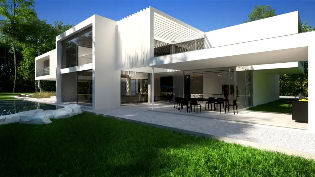 Wizualizacja tarasu jadalnianego przy nowoczesnej willi z otwartą strefą wypoczynku.