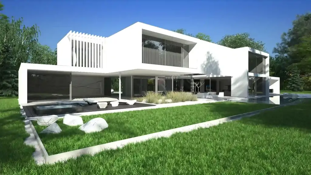 Wizualizacja nowoczesnej willi z ogrodową elewacją, tarasem, jacuzzi i dużymi przeszkleniami.