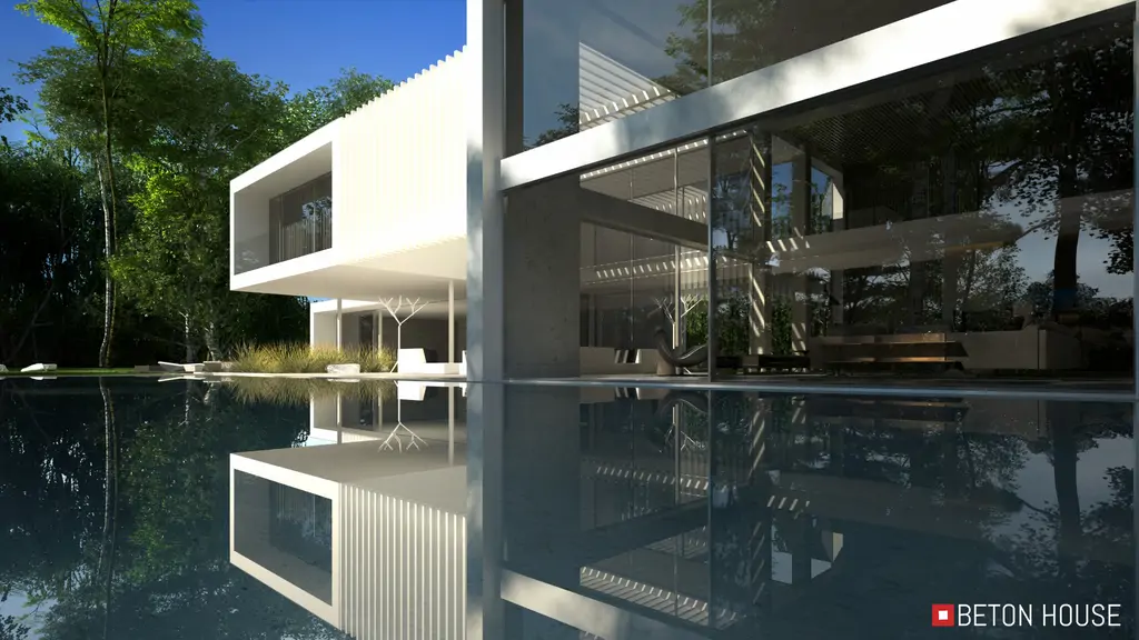 Wizualizacja narożnika nowoczesnej willi odbijającego się w tafli basenu.