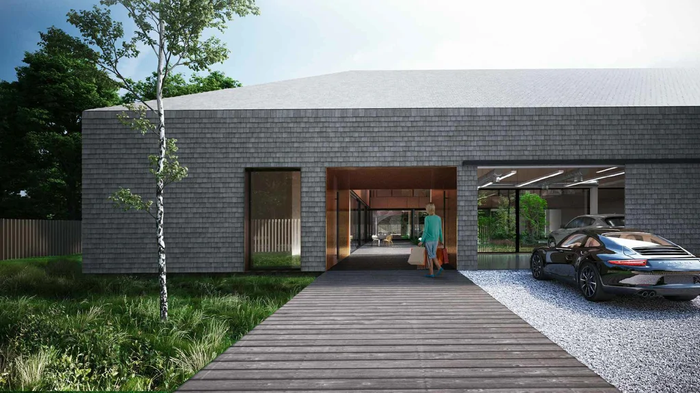 Wizualizacja wejścia do domu z drewnianym podejściem, podjazdem i garażem w nowoczesnej bryle budynku