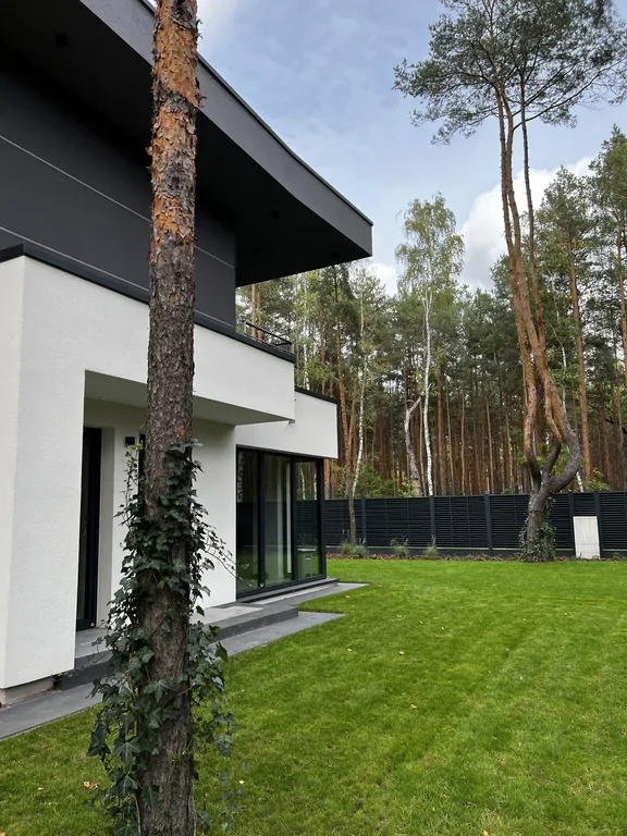 Boczny ogród przy domu: narożne przeszklenie, grafitowy okap, czarne ogrodzenie i las w tle